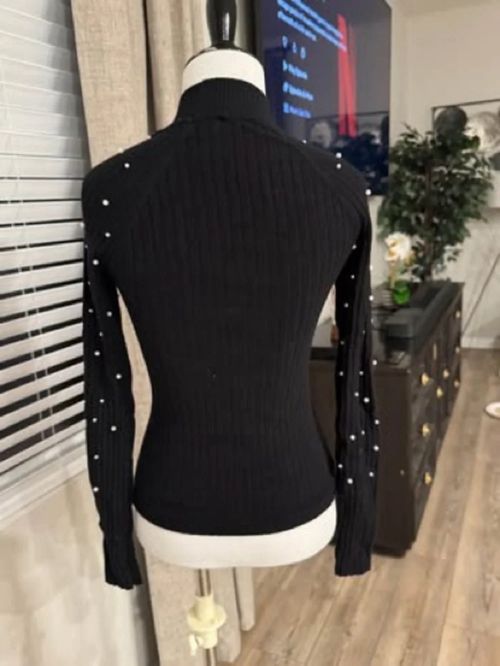 Bebe long sleeve black rhinestones/pearls size MEDIUM Logo Mock Neck Top